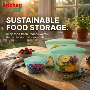 Sustainable reusable silicone food storage bag set - Eco-friendly kitchen essentials for keeping fruit and snacks fresh