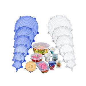 Reusable silicone food covers stretched over a watermelon and a bowl inside a refrigerator