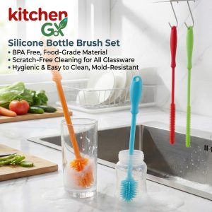 Silicone bottle brush set for glassware cleaning - Long handle hygienic scrubbers for baby bottles and cups