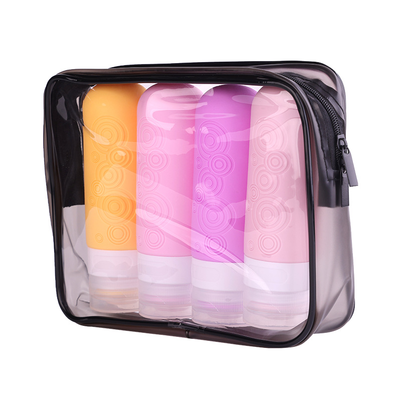 Refillable silicone travel bottle with embossed geometric pattern and leak-proof cap for toiletries and skincare liquids.