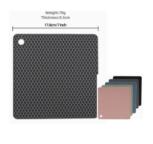 7-inch square silicone trivet mat with thickened honeycomb texture for heat-resistant countertop protection and non-slip pot holding.