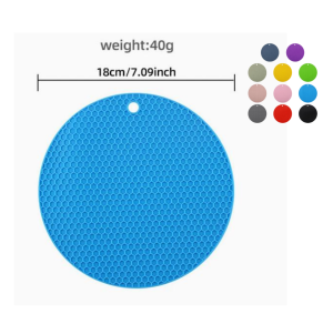 7-inch round silicone trivet mat with honeycomb non-slip texture for heat-resistant pot holding and kitchen countertop protection.
