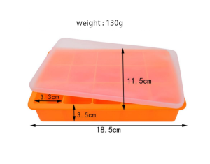 Stackable silicone ice tray with a removable lid and large square cavities for freezing baby food, soup, and whiskey ice cubes.