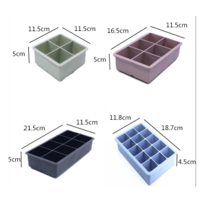 Stackable silicone ice cube trays in multiple sizes and square grid patterns for home kitchen use.