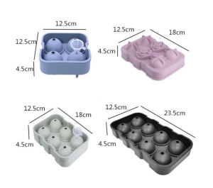 Set of square and large sphere silicone ice cube molds with lids for home bars and kitchen use.