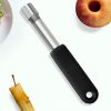 Stainless steel fruit corer with an ergonomic black silicone handle, featuring product dimensions of 19cm by 2cm for easy apple and pear deseed removal.