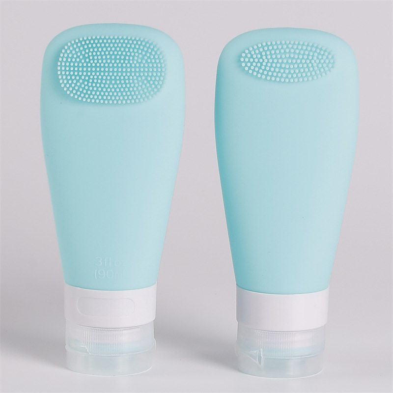 Leak-proof silicone travel bottles for toiletries with 90ml capacity, wide neck design for easy filling, and detailed dimensions.