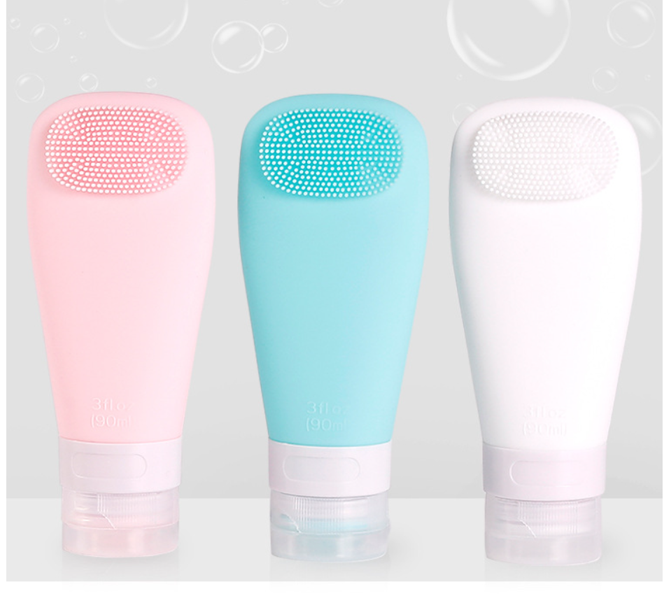 Leak-proof silicone travel bottles for toiletries with 90ml capacity, wide neck design for easy filling, and detailed dimensions.