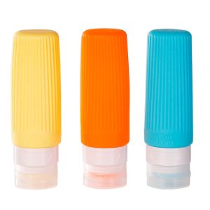 Leak-proof silicone travel bottle set for toiletries and cosmetics with easy-to-squeeze soft material and wide opening.