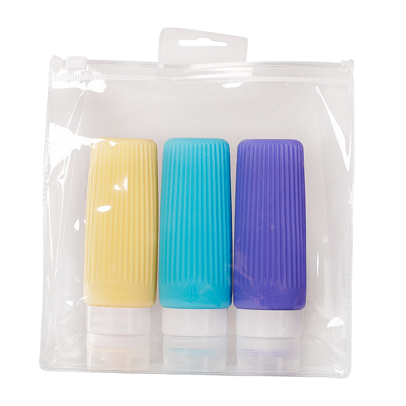 Leak-proof silicone travel bottle set for toiletries and cosmetics with easy-to-squeeze soft material and wide opening.