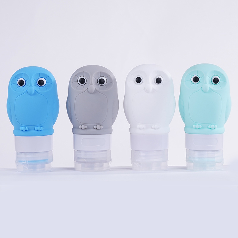 Owl-shaped silicone travel dispensing bottles in two styles for portable toiletries with detailed product dimensions and leak-proof design.