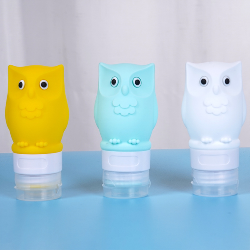 Owl-shaped silicone travel dispensing bottles in two styles for portable toiletries with detailed product dimensions and leak-proof design.