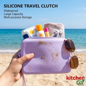Silicone travel clutch bag on beach - Waterproof large capacity storage for toiletries and sunblock