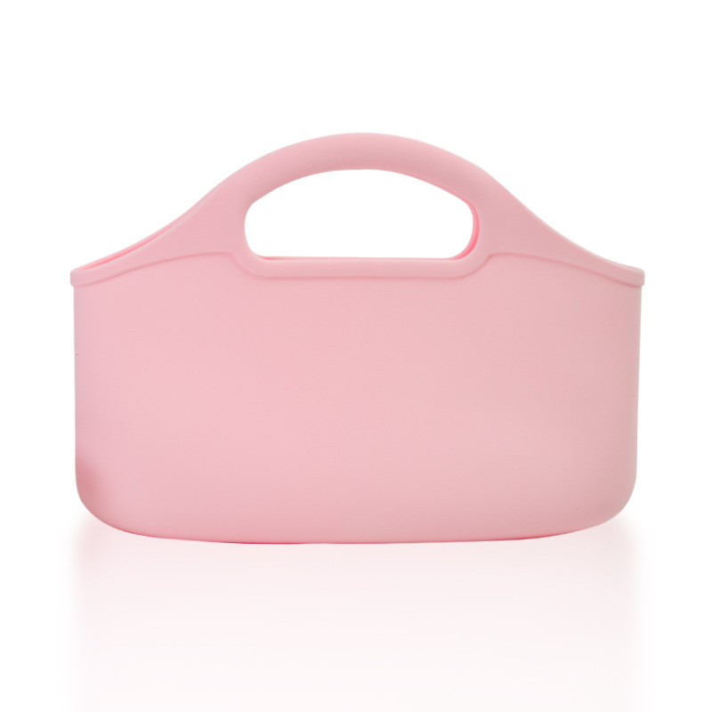 Set of four colorful open-top silicone handbags with integrated handles in pastel pink, lime green, beige, and dark grey for waterproof beach and vanity storage.