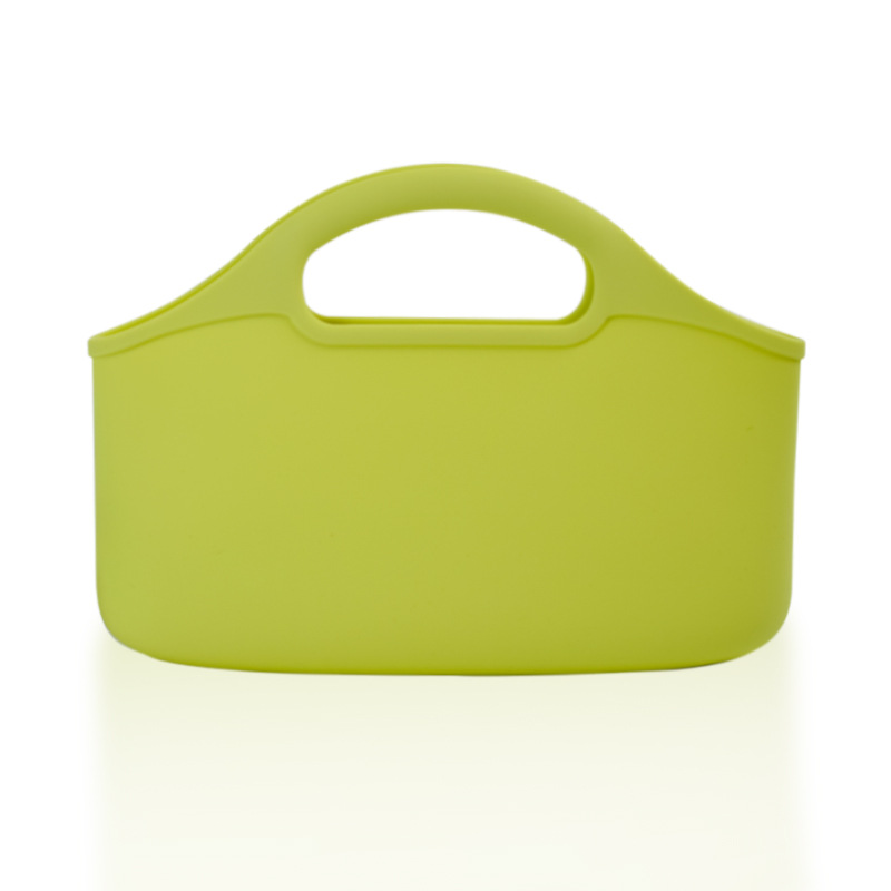Set of four colorful open-top silicone handbags with integrated handles in pastel pink, lime green, beige, and dark grey for waterproof beach and vanity storage.