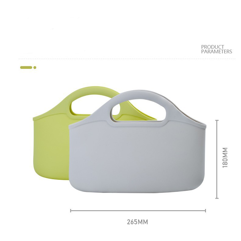 Set of four colorful open-top silicone handbags with integrated handles in pastel pink, lime green, beige, and dark grey for waterproof beach and vanity storage.