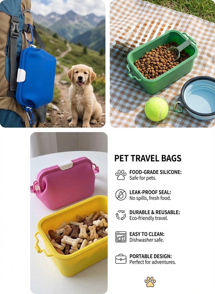 Blue silicone dog treat pouch hanging on hiking backpack with golden retriever puppy in background