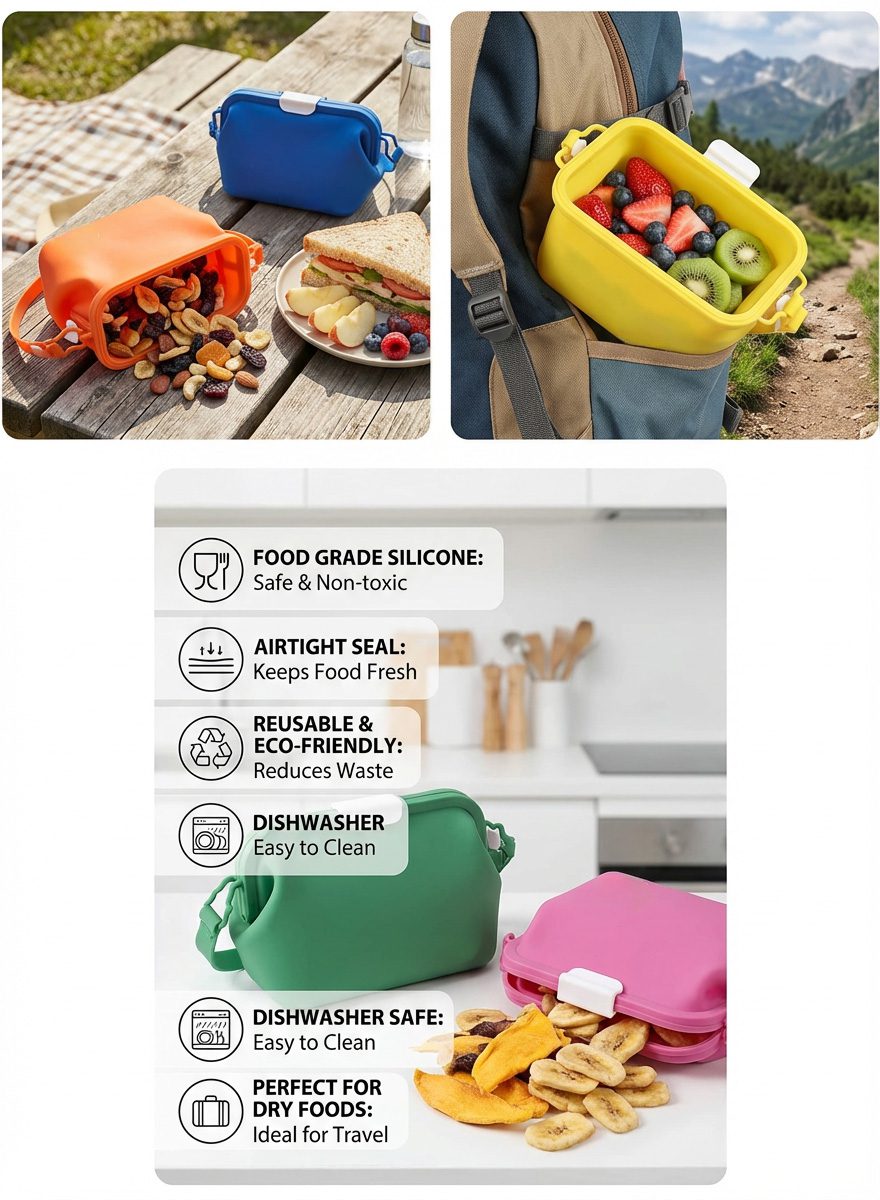 Green and pink silicone reusable bags with dried fruit, showing dishwasher safe icons.