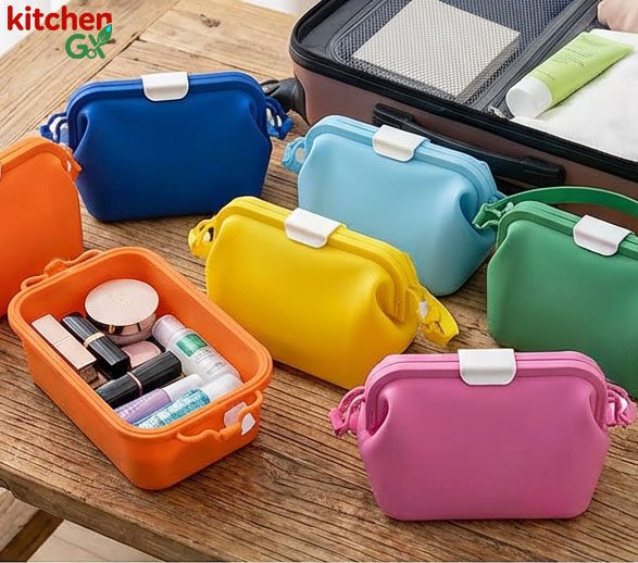 Waterproof silicone travel cosmetic bag and makeup organizer in various colors for suitcase and bathroom storage.