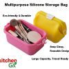 Waterproof silicone travel cosmetic bag and makeup organizer in various colors for suitcase and bathroom storage.