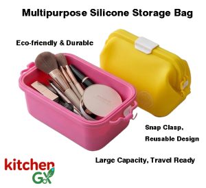 Waterproof silicone travel cosmetic bag and makeup organizer in various colors for suitcase and bathroom storage.