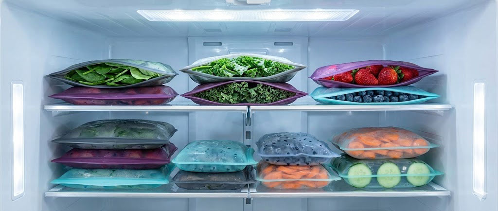 Organized fridge with stacked silicone food bags