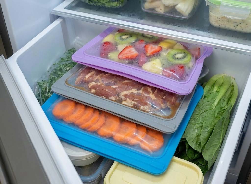 Silicone bags with marinated meat and fruit in drawer