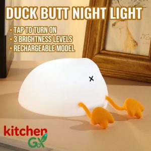 A cute white duck night light showing its butt, made of soft silicone material.