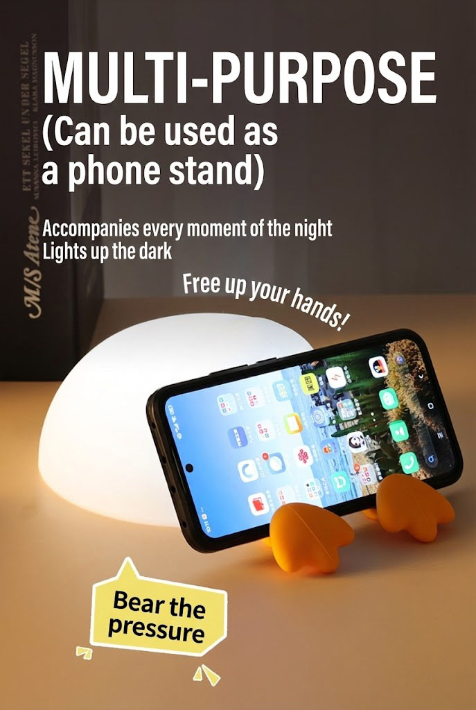 Warm yellow light glowing from the kawaii duck lamp on a bedside table in a nursery room.