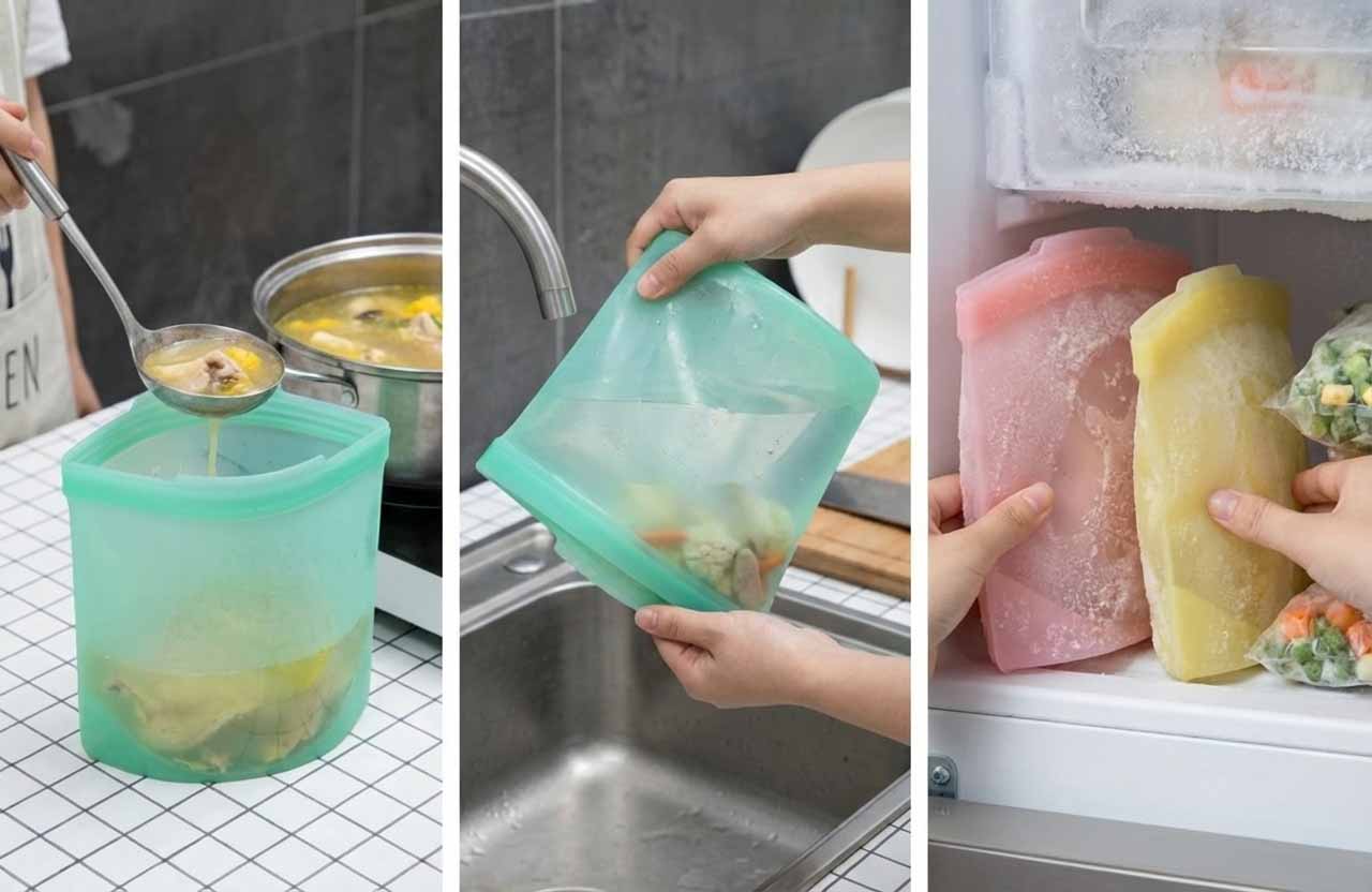 Silicone food bags standing upright demonstrating structural integrity