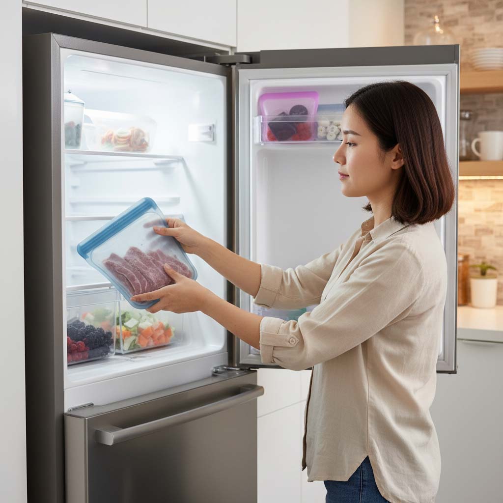Silicone bags organizing food and meat in the refrigerator
