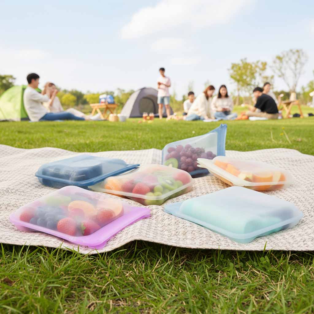 Silicone resealable bags used for outdoor picnic and fruit storage