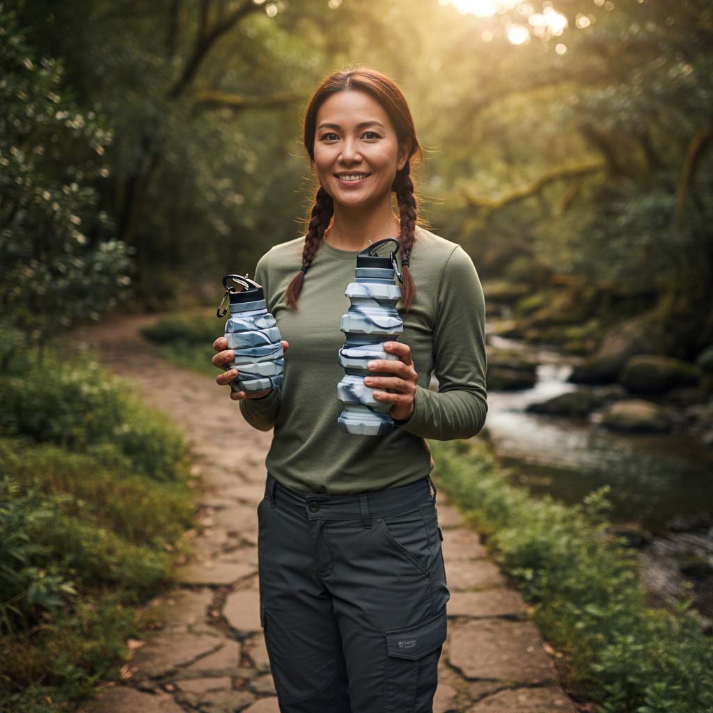 Woman hiking with collapsible silicone water bottle wholesale product