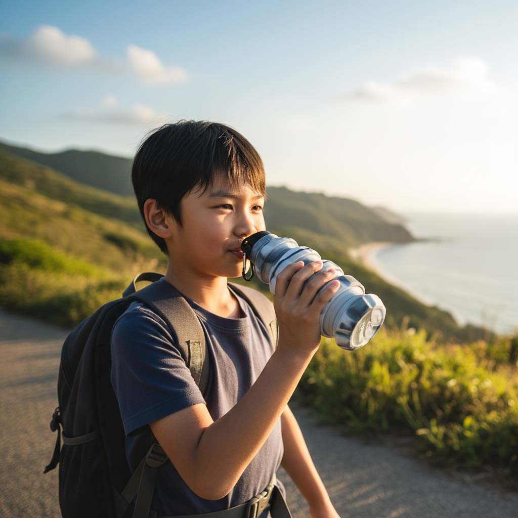 Child using safe collapsible silicone water bottle