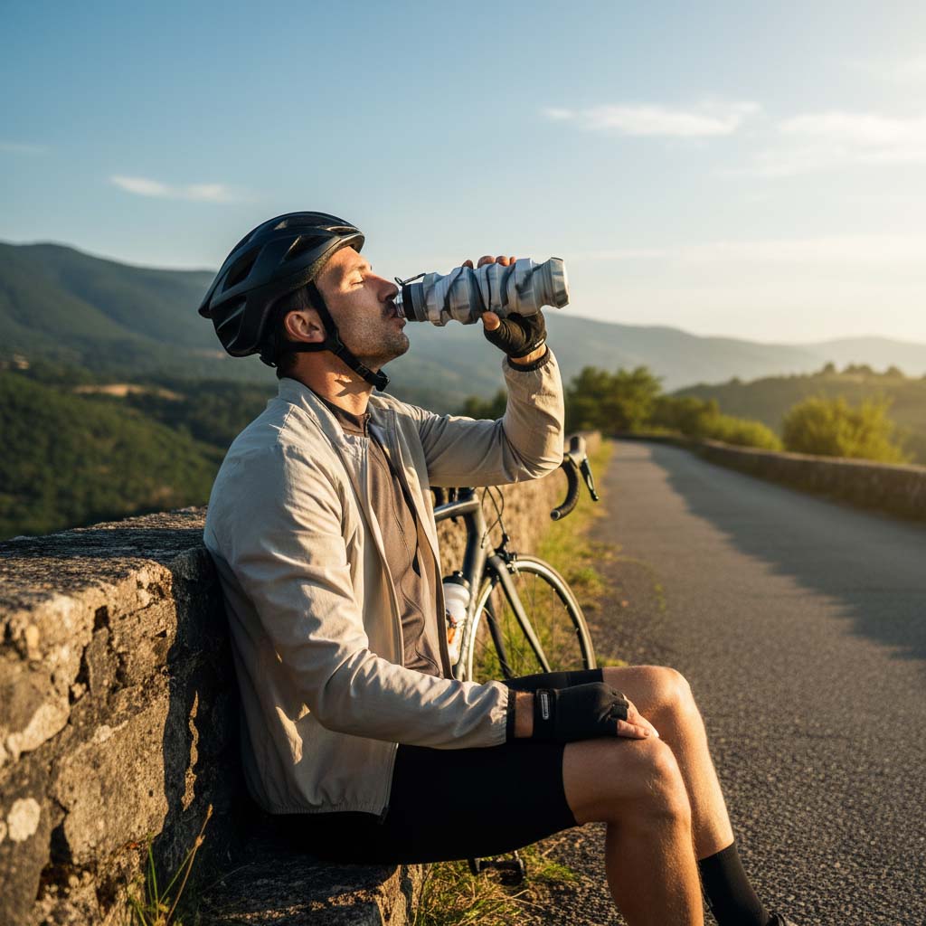 Cyclist utilizing silicone water bottle