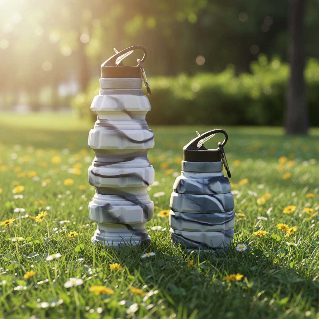 Stylish marble and camo silicone bottles detail shot