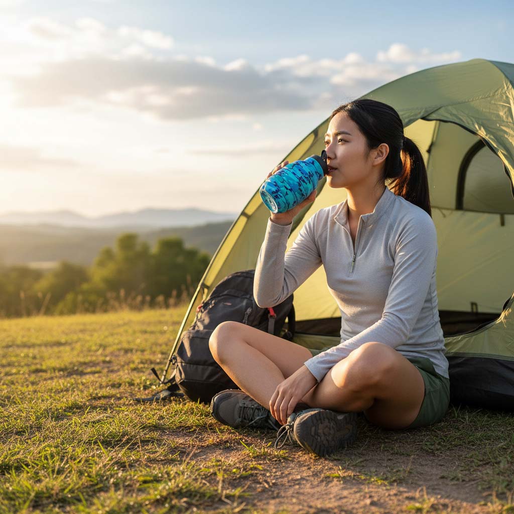 Collapsible silicone water bottle attached to a backpack with carabiner
