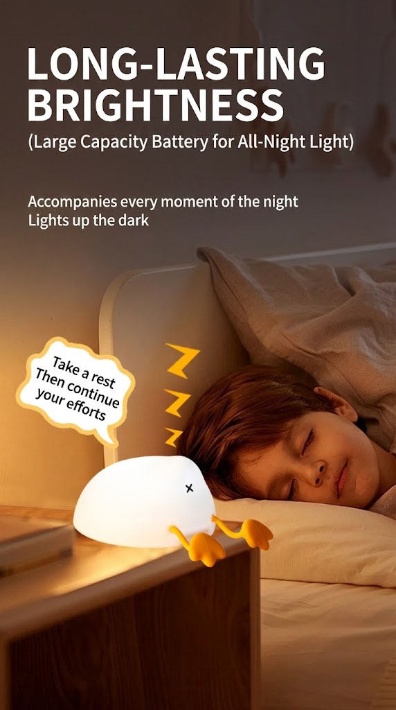 Hand squeezing the soft silicone duck lamp to demonstrate its squishy and stress-relieving texture.