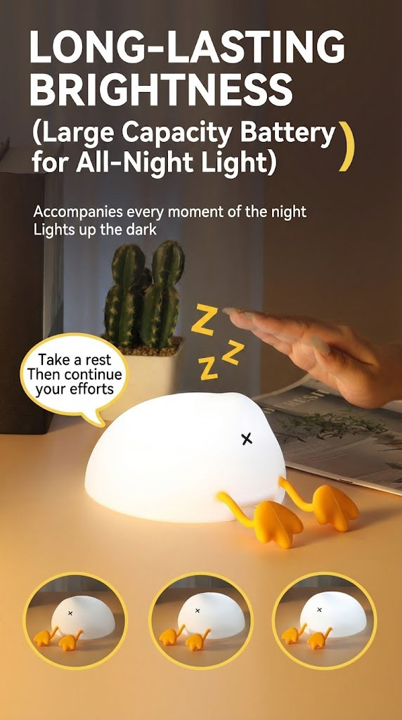 Hand squeezing the soft silicone duck lamp to demonstrate its squishy and stress-relieving texture.