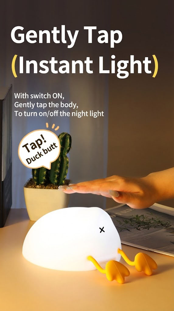 Hand squeezing the soft silicone duck lamp to demonstrate its squishy and stress-relieving texture.