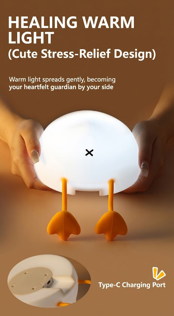 Warm yellow light glowing from the kawaii duck lamp on a bedside table in a nursery room.