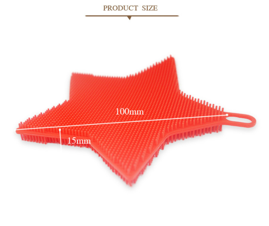 Red five-pointed star silicone dishwashing brush with soft bristles and hanging loop, showing product dimensions of 100mm by 19mm for kitchen cleaning.