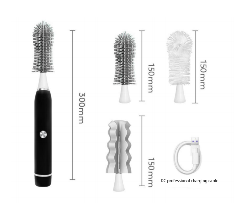 Multi-functional electric cleaning brush set with interchangeable heads for kitchen, bottle, and household scrubbing.