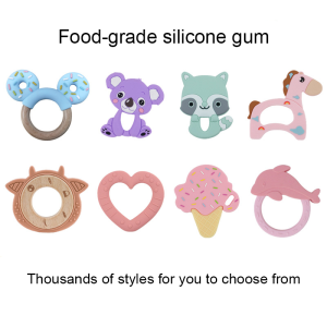 Silicone-baby-teething-toy-Mother-and-baby-products (1) Assorted cartoon-shaped baby teething toys made of food-grade silicone featuring dinosaur, lion, and unicorn designs for infant gum relief.