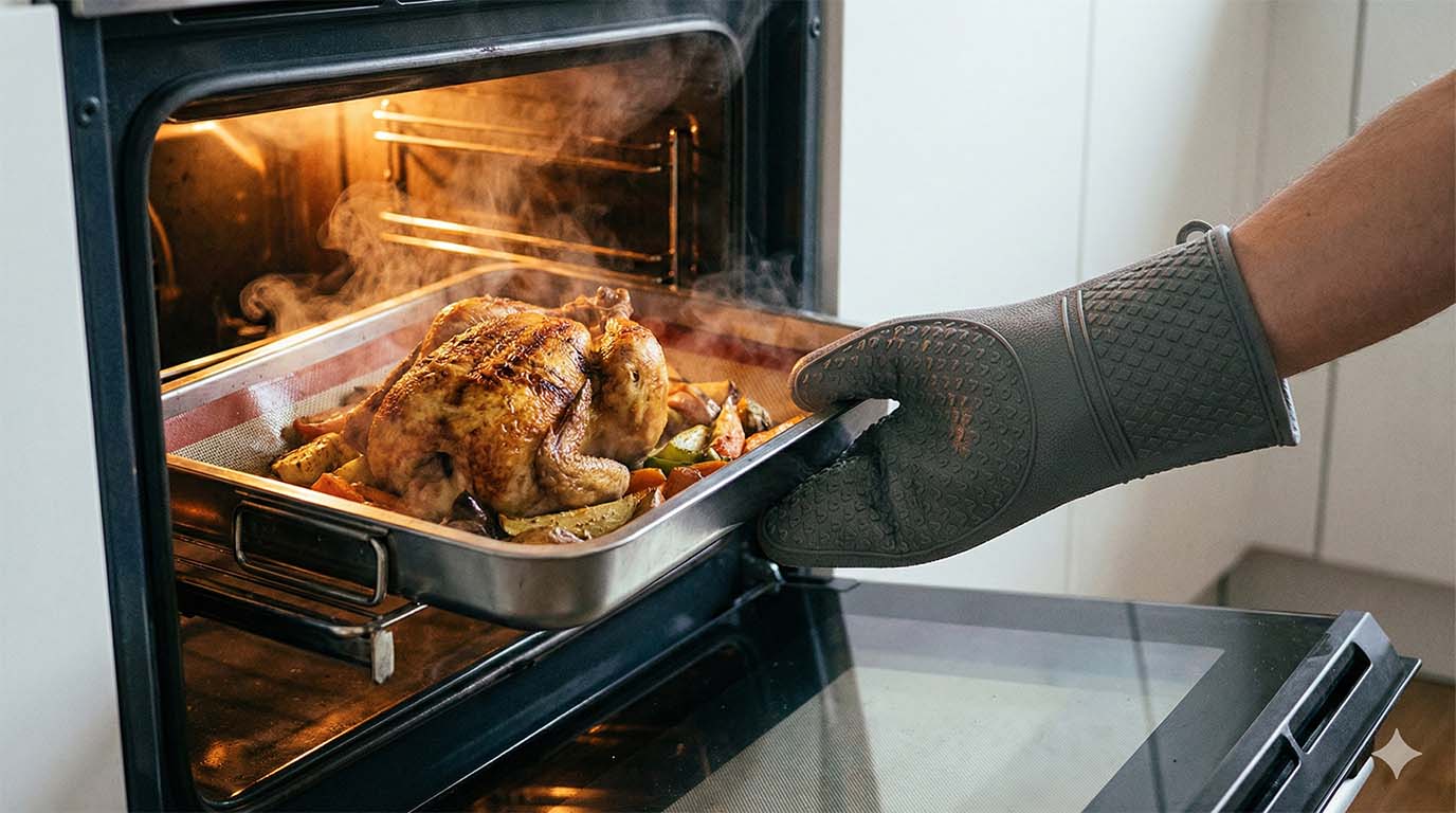 Silicone Oven Mitts and Baking Mat Showing Heat Resistance