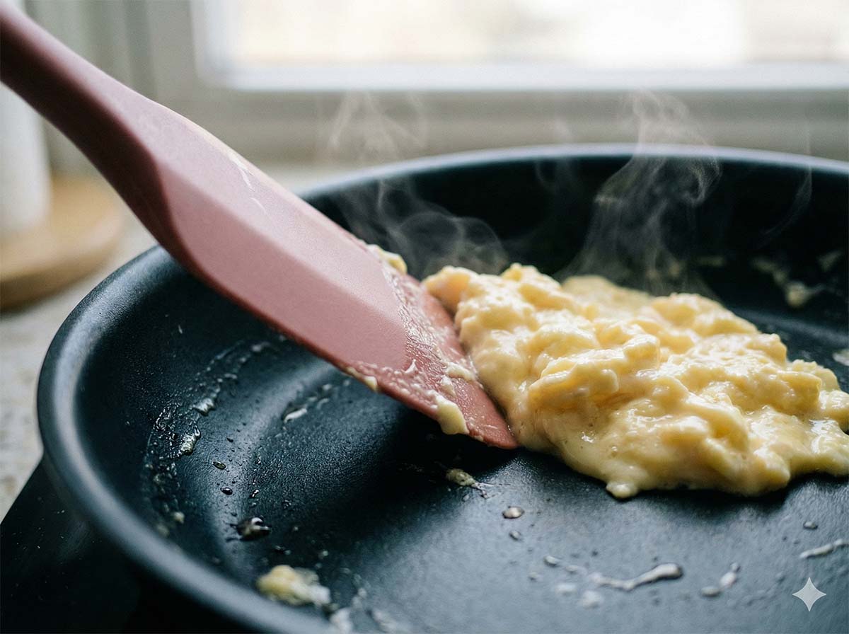 Silicone Spatula Gently Scraping a Non-Stick Pan